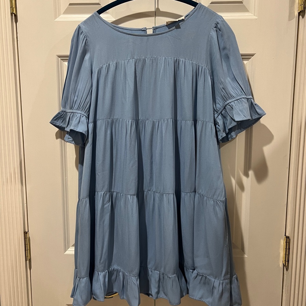 Listicle Blue Babydoll Dress Large Pockets Lining 100% Rayon